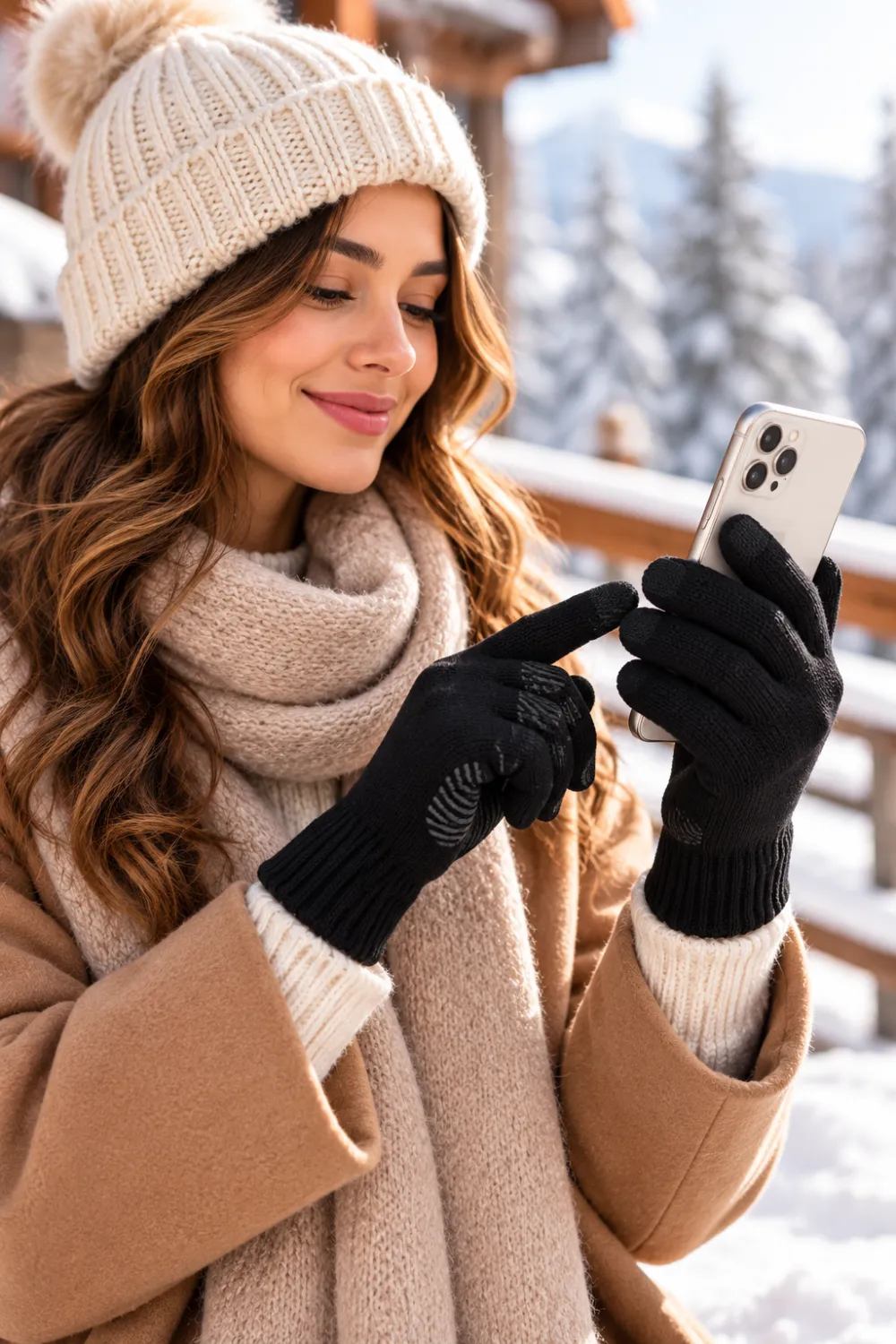 Woman wearing black touchscreen knit gloves while using a smartphone outdoors in winter.