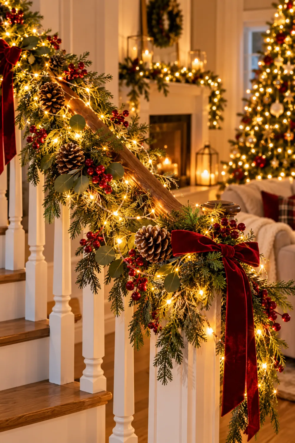 warm white string lights wrapped through a pine garland with a red velvet bow on a staircase banister Shop card: Warm White String Lights
