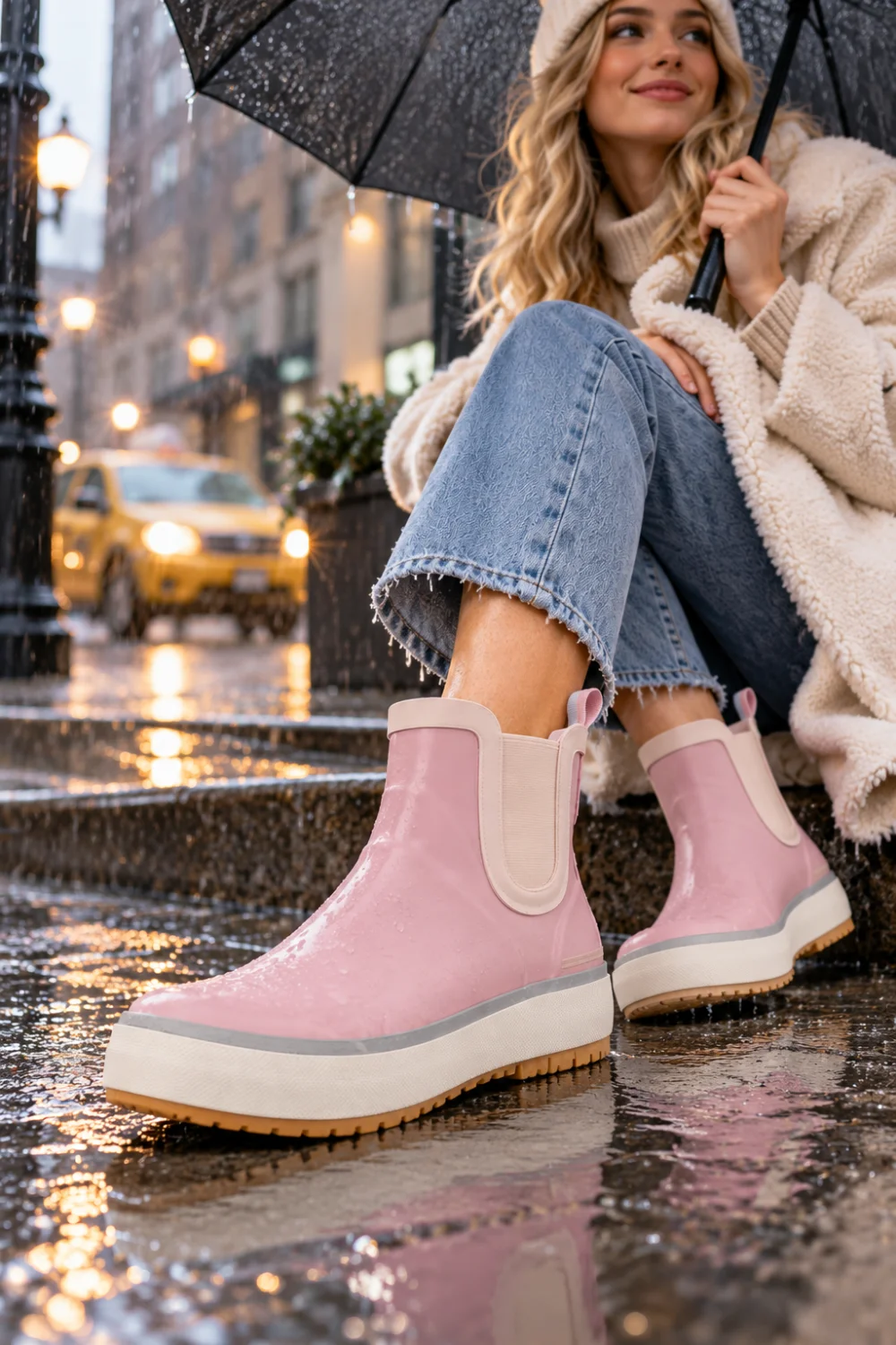 Woman wearing pink waterproof Chelsea rain boots with jeans under an umbrella on a rainy city street
