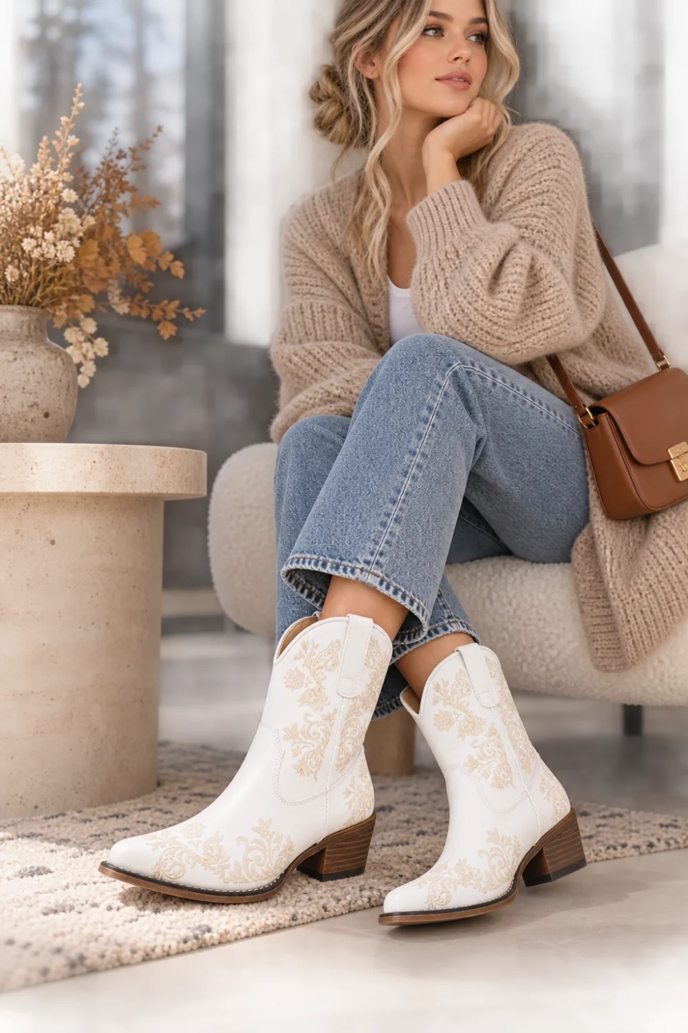 Woman in white embroidered Western ankle booties with straight-leg jeans and a tan cardigan
