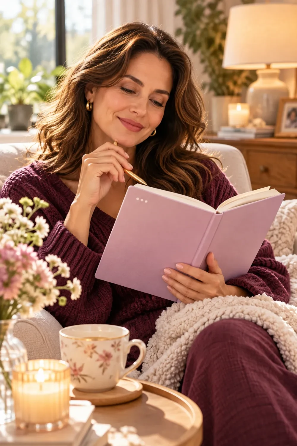 Woman writing in a pink guided journal while relaxing on a sofa with a warm drink and a cozy blanket.